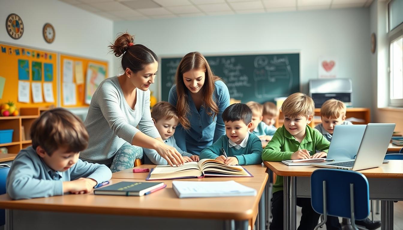 Students studying together in modern classroom